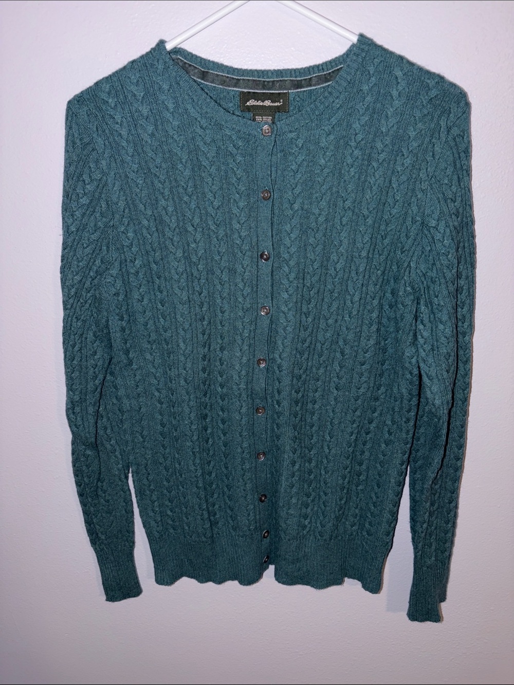 Eddie Bauer Teal Cable-Knit Button-Front Sweater, sz LT